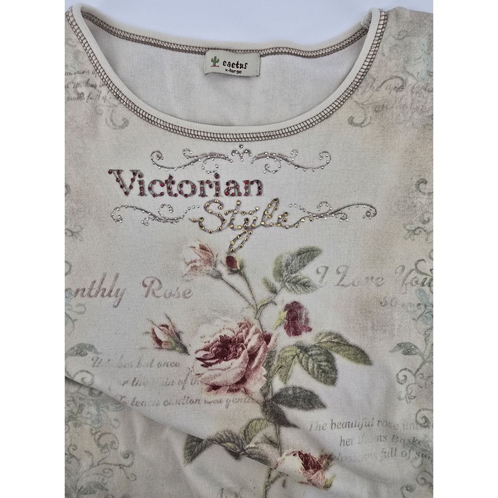Vtg Y2K Cactus "Victorian Style" Top Sz XL Beige Embellished T-Shirt Roses - Picture 3 of 7